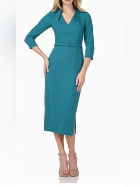 Kay Unger Teal Midi Sheath Dress with Belt size 6